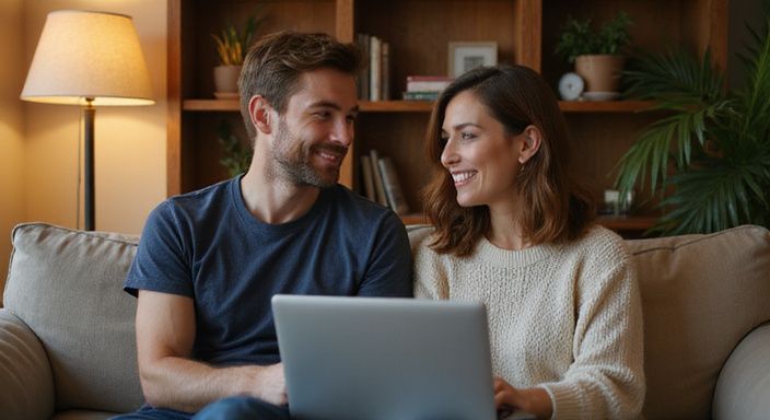 Ein Paar sitzt entspannt auf einem Sofa und lächelt sich an.
