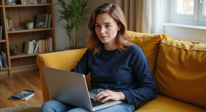 Eine Frau sitzt entspannt auf einem Sofa und arbeitet am Laptop.