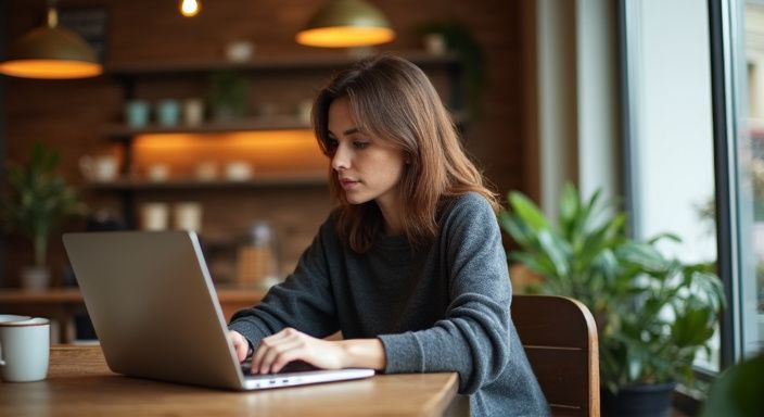 Eine Frau sitzt in einem Café und arbeitet am Laptop.