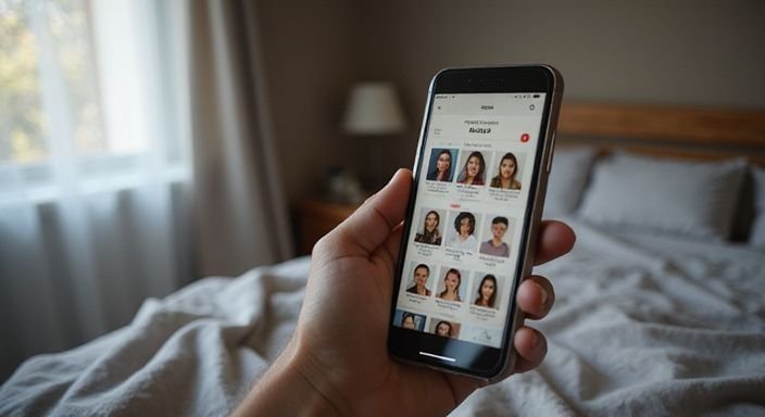Ein Smartphone zeigt Profilfotos und Interessen einer Dating App