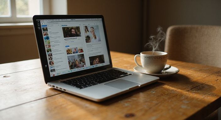 Ein gemütlicher Raum mit Laptop, Teetasse und einladender Atmosphäre.