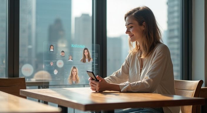 Vorteile Online-Dating: Eine Frau in einem modernen Café interagiert mit holografischen Bildschirmen.