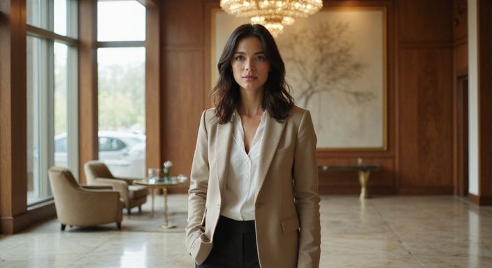 Eine elegante Frau in einem luxuriösen Hotel-Lobby mit stilvollem Outfit. Eine elegante Frau in einem luxuriösen Hotel-Lobby mit stilvollem Outfit.
