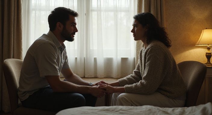 Zwei Personen sitzen in einem Hotelzimmer und führen ein vertrauliches Gespräch. Zwei Personen sitzen in einem Hotelzimmer und führen ein vertrauliches Gespräch.