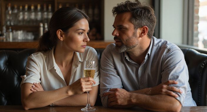 Ein Mann und eine Frau sitzen an einer Bar und unterhalten sich. Ein Mann und eine Frau sitzen an einer Bar und unterhalten sich.