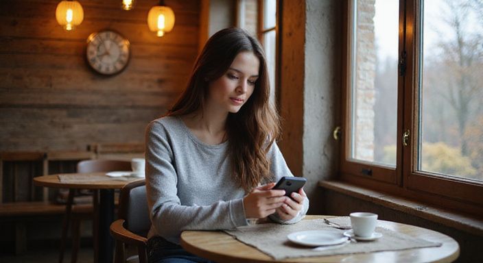 Eine junge Frau sitzt nachdenklich in einem gemütlichen Café. Eine junge Frau sitzt nachdenklich in einem gemütlichen Café und suche sexkontakt in Burgenland.