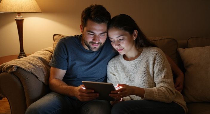 Ein Paar sitzt entspannt auf einem Sofa und schaut auf ein Tablet. Ein Paar sitzt entspannt auf einem Sofa und schaut auf ein Tablet.