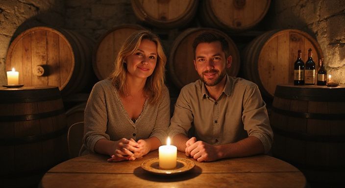 Ein Paar sitzt entspannt in einem traditionellen Weinkeller. Ein Paar sitzt entspannt in einem traditionellen Weinkeller.