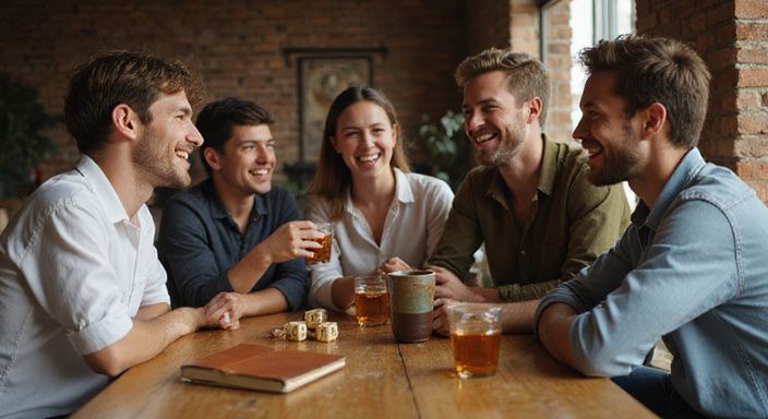 Fünf Freunde genießen einen entspannten Abend an einem Bar Tisch. Fünf Freunde genießen einen entspannten Abend an einem Bar Tisch.