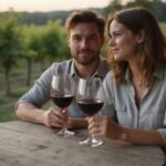 Ein Paar sitzt entspannt bei Wein in einem rustikalen Heuriger