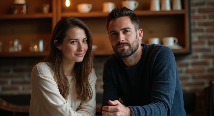 Ein Paar sitzt an einem kleinen Tisch in einem Café. Ein Paar sitzt an einem kleinen Tisch in einem Café.
