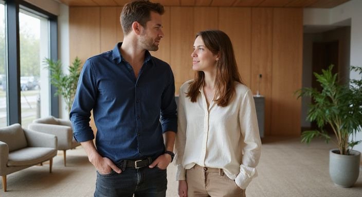Ein Paar steht in einer modernen Hotel Lobby im Gespräch über sexkontakt in Innsbruck.