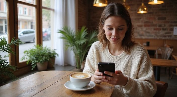 Eine entspannte Frau genießt ihren Kaffee in einem gemütlichen Café. Eine entspannte Frau genießt ihren Kaffee in einem gemütlichen Café und scue sexkontakt in Innsbruck.