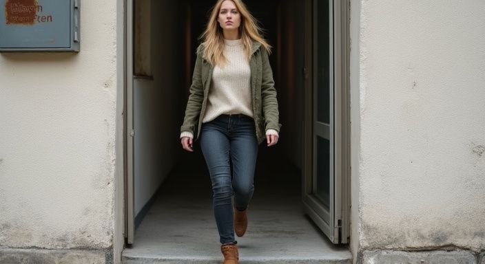 Eine Frau in lässiger Kleidung betritt ein Wohngebäude in Innsbruck