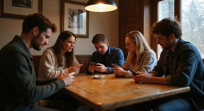 Fünf Erwachsene sitzen entspannt in einem gemütlichen Café und nutzen Smartphones. Fünf Erwachsene sitzen entspannt in einem gemütlichen Café und nutzen Smartphones und suche sexkontakt in Innsbruck.