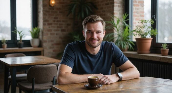 Ein lächelnder Mann sitzt an einem Tisch in einem gemütlichen Café. Ein lächelnder Mann sitzt an einem Tisch in einem gemütlichen Café.