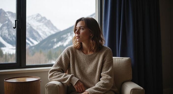 Eine nachdenkliche Frau sitzt in einem gemütlichen Hotelzimmer. Eine nachdenkliche Frau sitzt in einem gemütlichen Hotelzimmer.