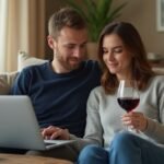 Ein Paar entspannt gemeinsam auf einem Sofa mit einem Laptop