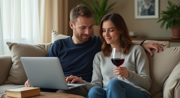 Ein Paar entspannt gemeinsam auf einem Sofa mit einem Laptop