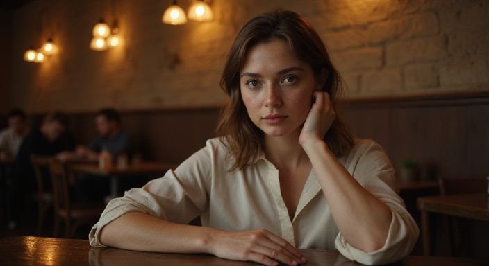 Eine fokussierte Frau sitzt entspannt an einem Holztisch.