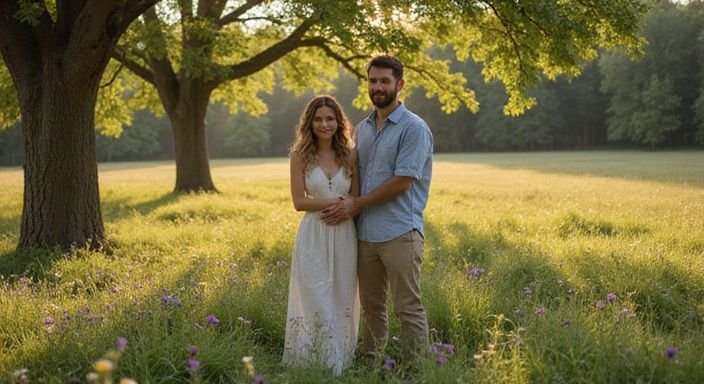 Ein Paar umarmt sich liebevoll in einer blühenden Wiese.