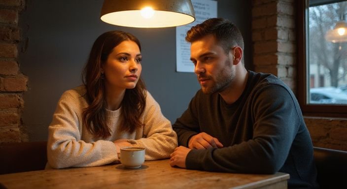 Ein Paar führt ein vertrauliches Gespräch über sexkontakt Kärnten in einem gemütlichen Café.