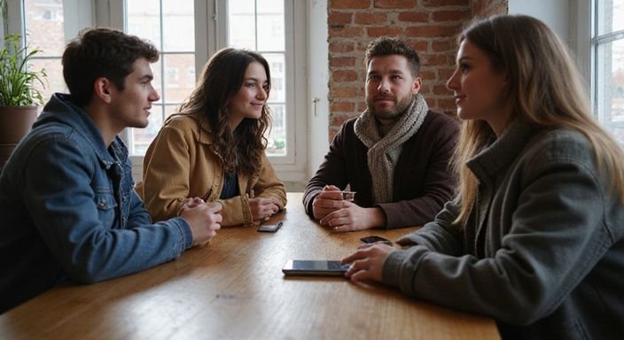 Junge Erwachsene sitzen entspannt in einem Café und unterhalten sich.