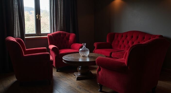 Gemütliche Ecke eines Swingerclubs mit samtigen Möbeln und eleganter Atmosphäre.