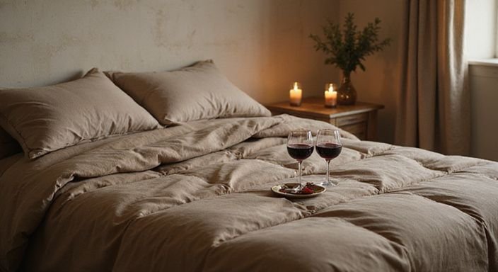 Ein einladendes Schlafzimmer mit einem gemütlichen Bett und Wein.