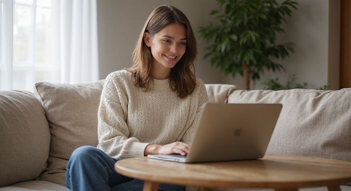 Eine Frau sitzt entspannt auf einem Sofa und tippt am Laptop und suche sexkontakt Kärnten.
