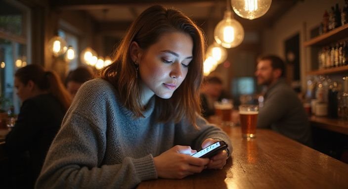 Eine Frau sitzt an der Bar und schaut konzentriert auf ihr Smartphone und suche sexkontakt in Linz.