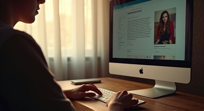 Eine Person betrachtet eine Website für Kontaktanzeigen an einem Schreibtisch.