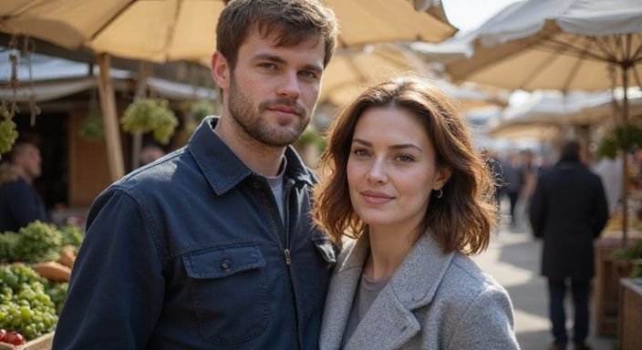 Ein Paar genießt einen intimen Moment auf einem Markt.