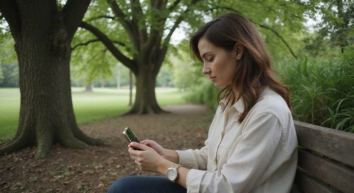 Eine Frau sitzt konzentriert auf einer Parkbank und nutzt ihr Smartphone.