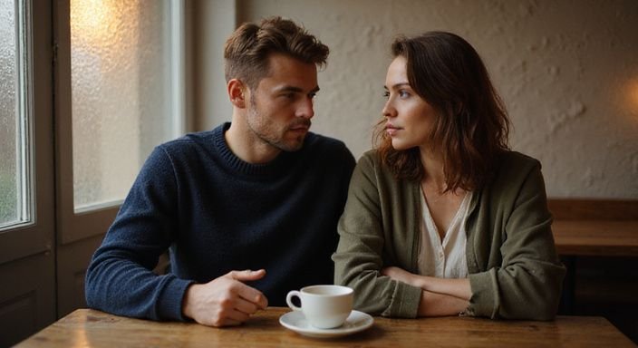 Ein junges Paar diskutiert privat in einem gemütlichen Café.