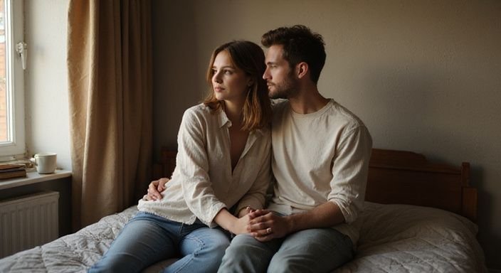 Ein junges Paar sitzt verträumt und nah beieinander auf dem Bett