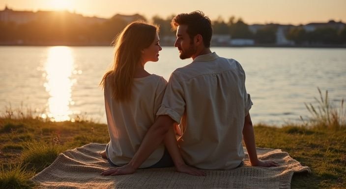 Ein Paar sitzt am Donauufer in Linz und führt ein Gespräch über sexkontakt in Linz.