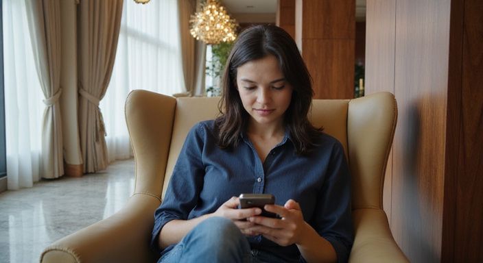 Eine junge Frau sitzt entspannt in einer eleganten Hotel-Lobby.