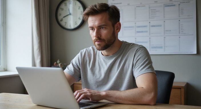 Eine Person arbeitet konzentriert an einem Laptop an einem Holzschreibtisch.