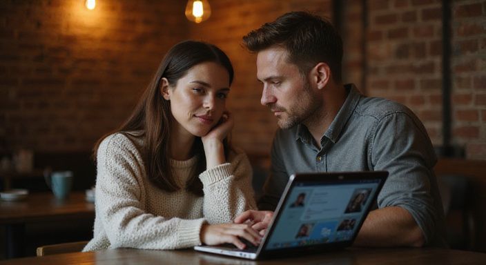 Ein Paar plant gemeinsam an einem kleinen Tisch in einem Café.