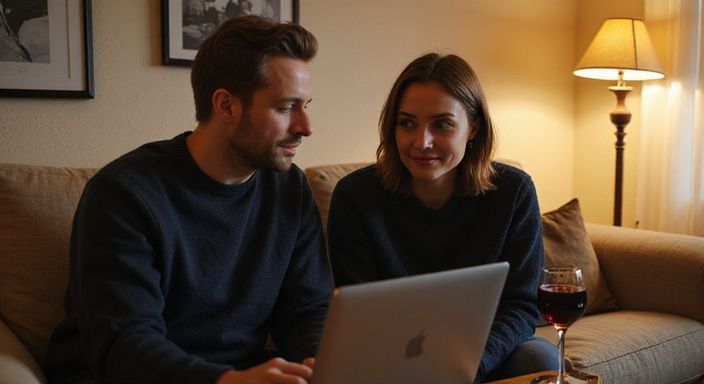 Ein Paar sitzt eng zusammen auf einem Sofa und nutzt einen Laptop.