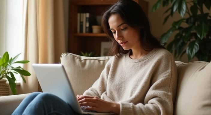 Eine Frau sitzt auf einem Sofa und arbeitet konzentriert am Laptop und wollen sexkontakt in Solothurn.
