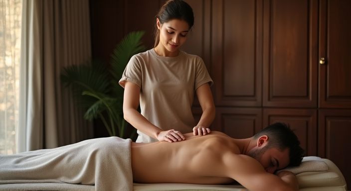 Ein Paar genießt eine entspannende Massage in einem eleganten Raum.