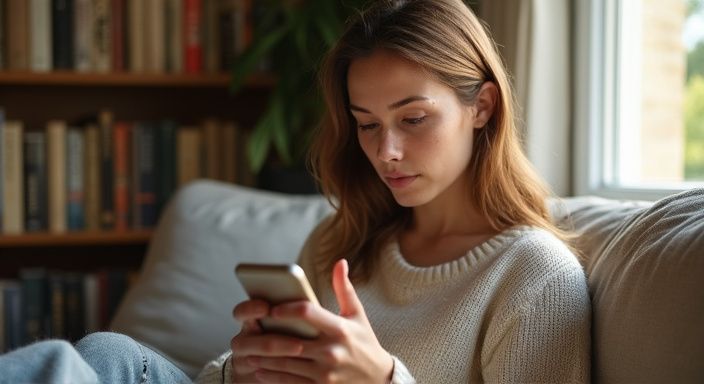 Eine Frau sitzt entspannt auf einem Sofa und blickt auf ihr Smartphone und suche sexkontakt in Solothurn.