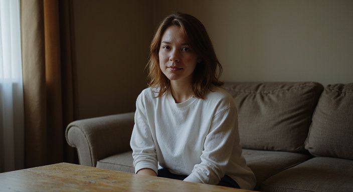 Eine entspannte Frau sitzt auf einem abgenutzten Sofa in einer Wohnung und wollen sexkontakt in Solothurn.