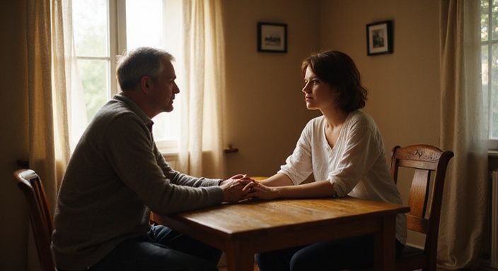 Zwei Personen sitzen sich an einem Tisch in einem gemütlichen Raum gegenüber.