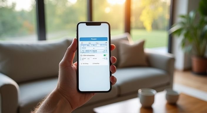 Ein Smartphone zeigt einen Kalender in einem einladenden Wohnraum