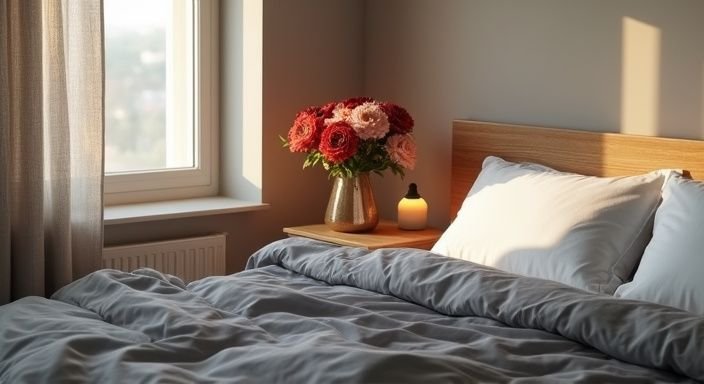 Ein einladendes Schlafzimmer mit einem gemütlichen Bett und frischen Blumen.