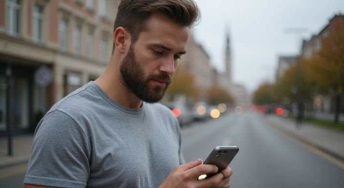 Ein Mann betrachtet konzentriert eine Dating-App für sexkontakt in Thurgau auf seinem Smartphone.