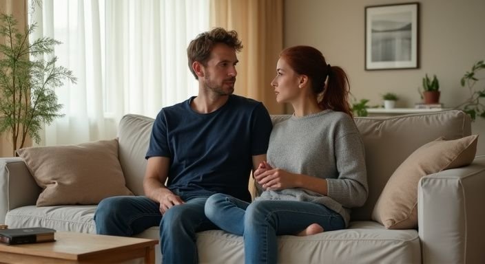 Ein Paar sitzt auf einem Sofa und führt ein vertrauliches Gespräch über sexkontakt in Thurgau.